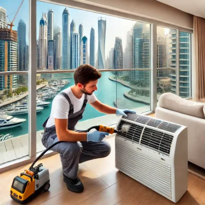 DALL·E 2025-02-19 12.07.46 – A professional AC cleaning service in Dubai Marina. A technician in uniform is cleaning an air conditioning unit inside a modern, luxurious apartment AC-Cleaning-in-Al-Furjan
